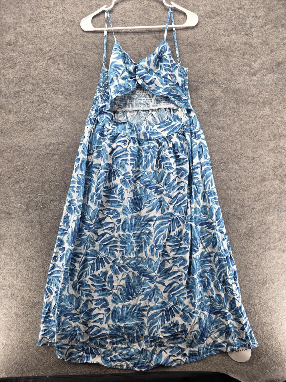 SheIn Dress Womens XL Blue Floral Cutout Smocked Maxi Strappy Vacation Sundress